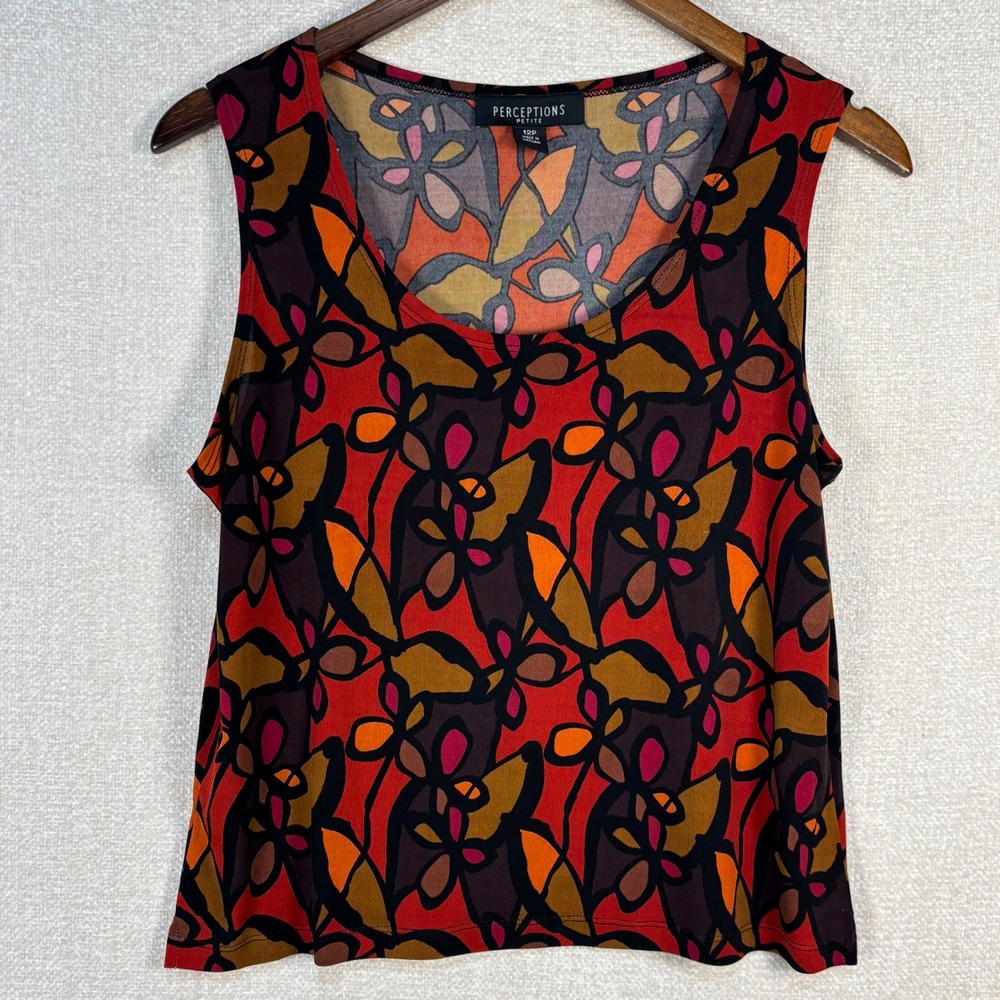 Perceptions Petite Womens 12P Red Abstract Floral Sleeveless Scoop Neck Tank Top